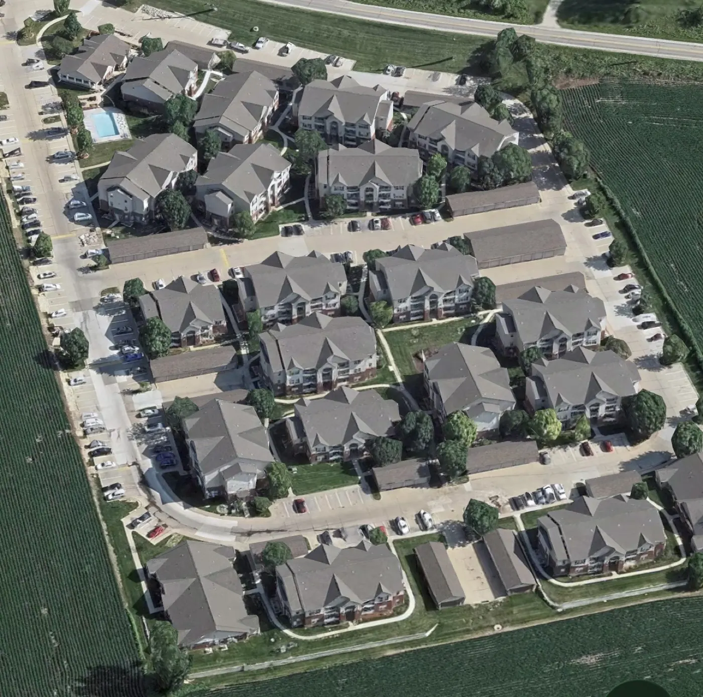 Aerial view of an apartment and townhome community SurfacePro cleans